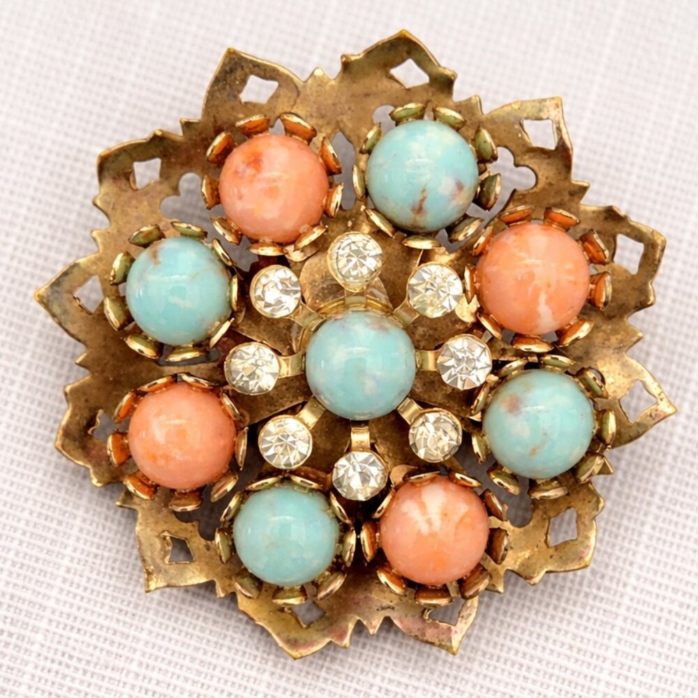 Vintage 1950s Pastel Cabochon Rhinestone Brooch Gold Tone Filigree Floral Pin